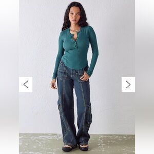 Free People Green Waffle Henley XL